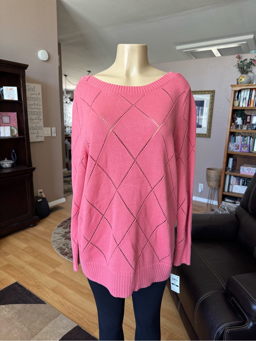 Style & Co pink long sleeve open-knit diamond sweater-size 1X-NWT